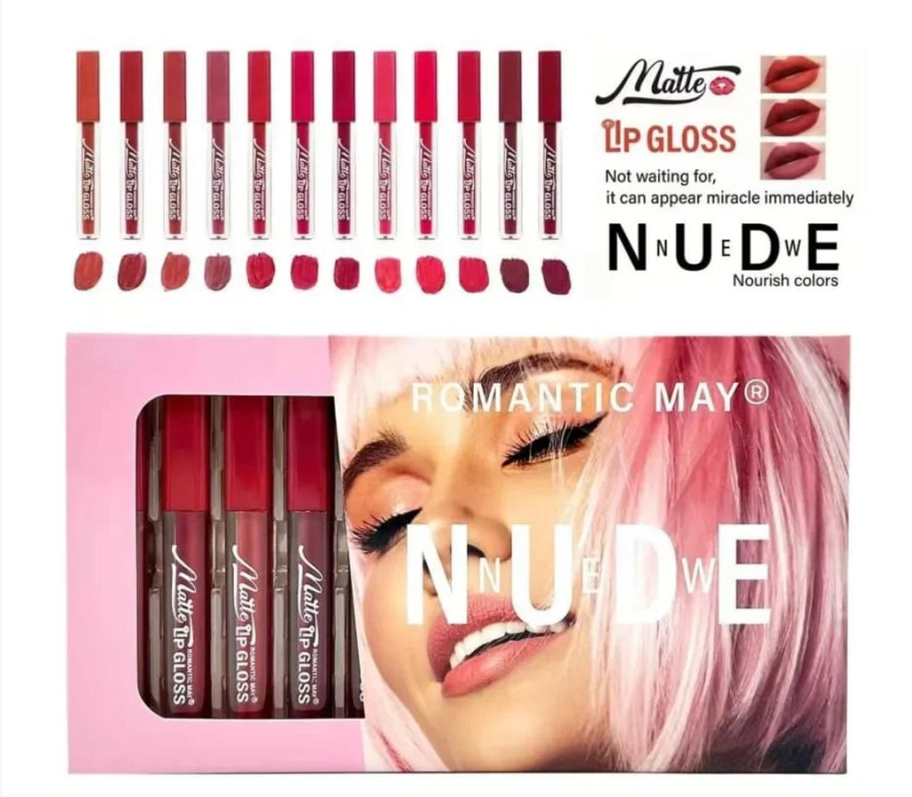 Romantic May Nude Matte lip gloss set of 12 nourshing shades